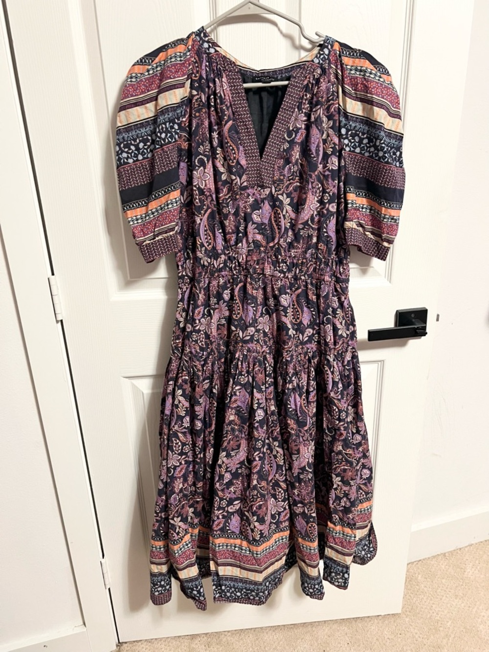 Current Air Rachel Paisley Floral Border Stripe Puff Sleeve Midi Dress cotton - Picture 8 of 8